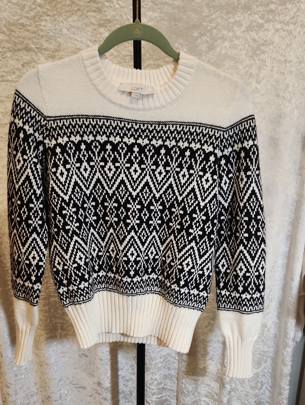 LOFT S Black & White Fair Isle Crew Sweater